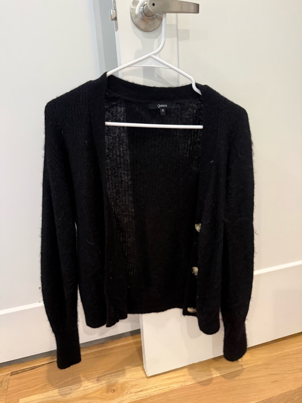 Quince Black Mohair-Blend Open Cardigan with Button Detail